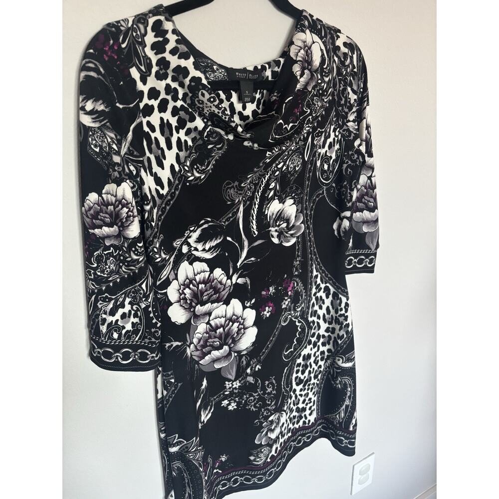 White House Black Market Black Floral Animal Print Sheath Dress Cowl Neck S - Picture 3 of 5